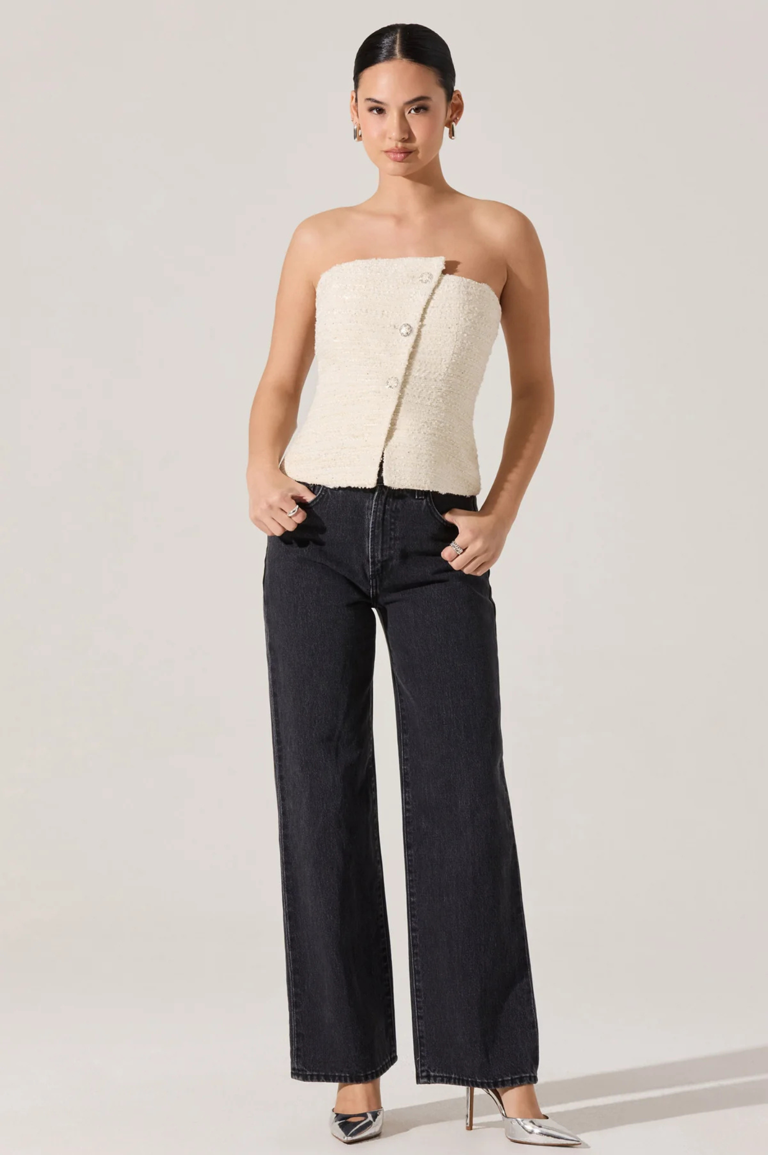 Moina Asymmetrical Strapless Tweed Top