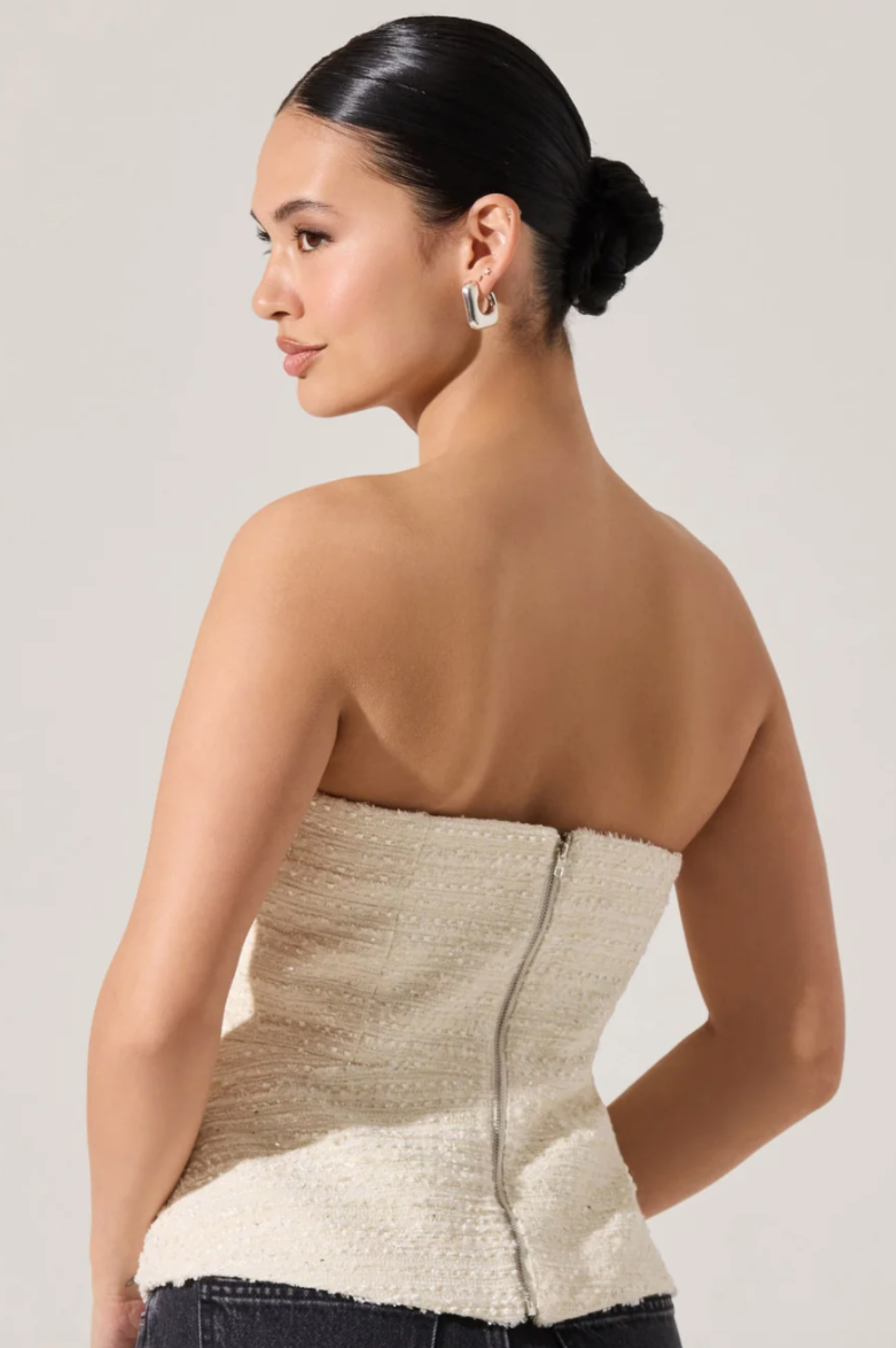 Moina Asymmetrical Strapless Tweed Top