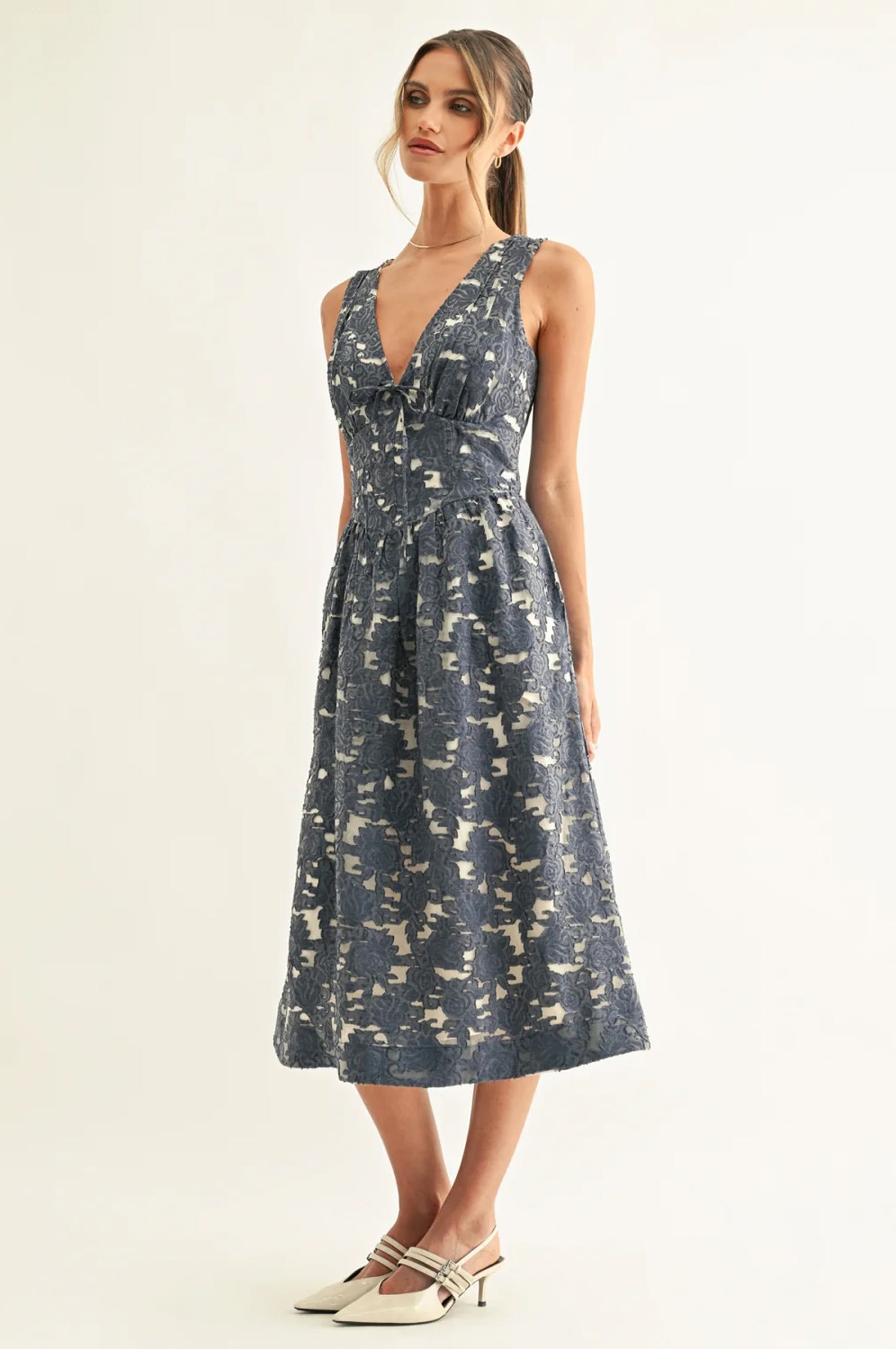 Arleta Jacquard Chambray Sleeveless Corset Midi Dress