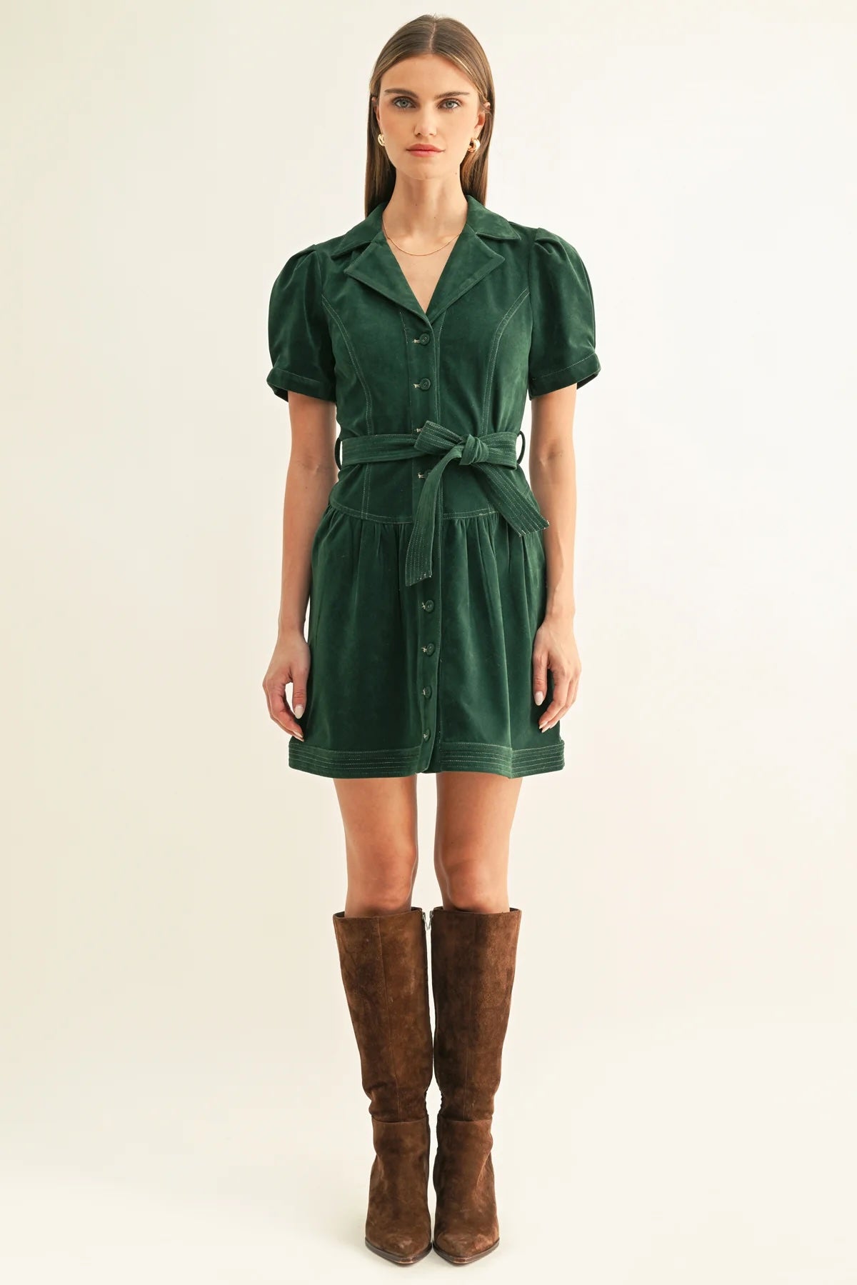 PAIGE VEGAN SUEDE BELTED SHIRT MINI DRESS