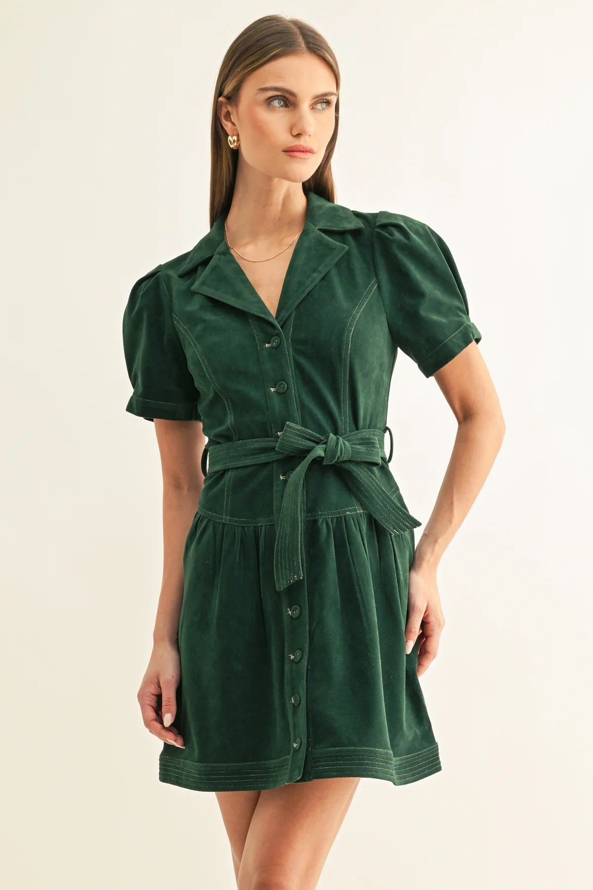 PAIGE VEGAN SUEDE BELTED SHIRT MINI DRESS