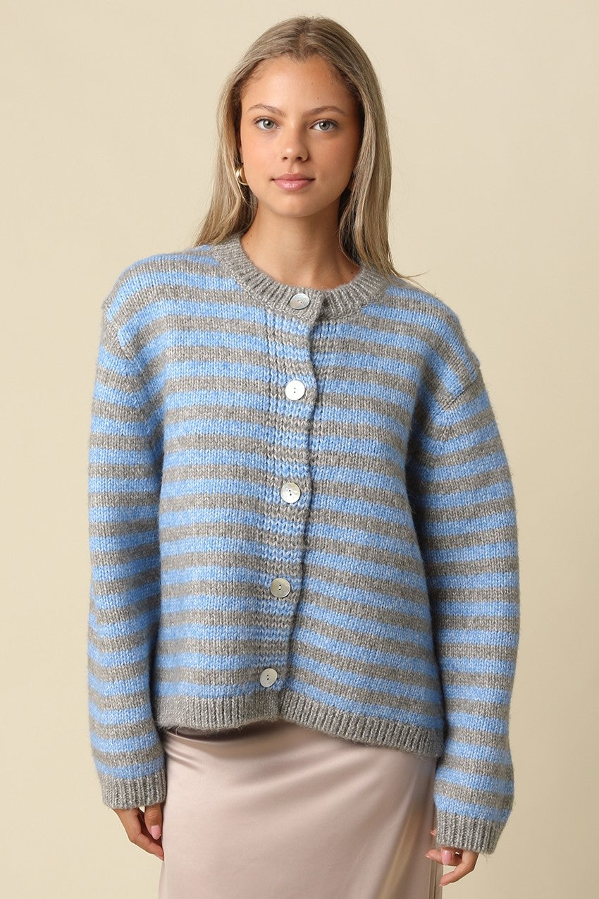 LENA STRIPED CREW NECK KNIT CARDIGAN