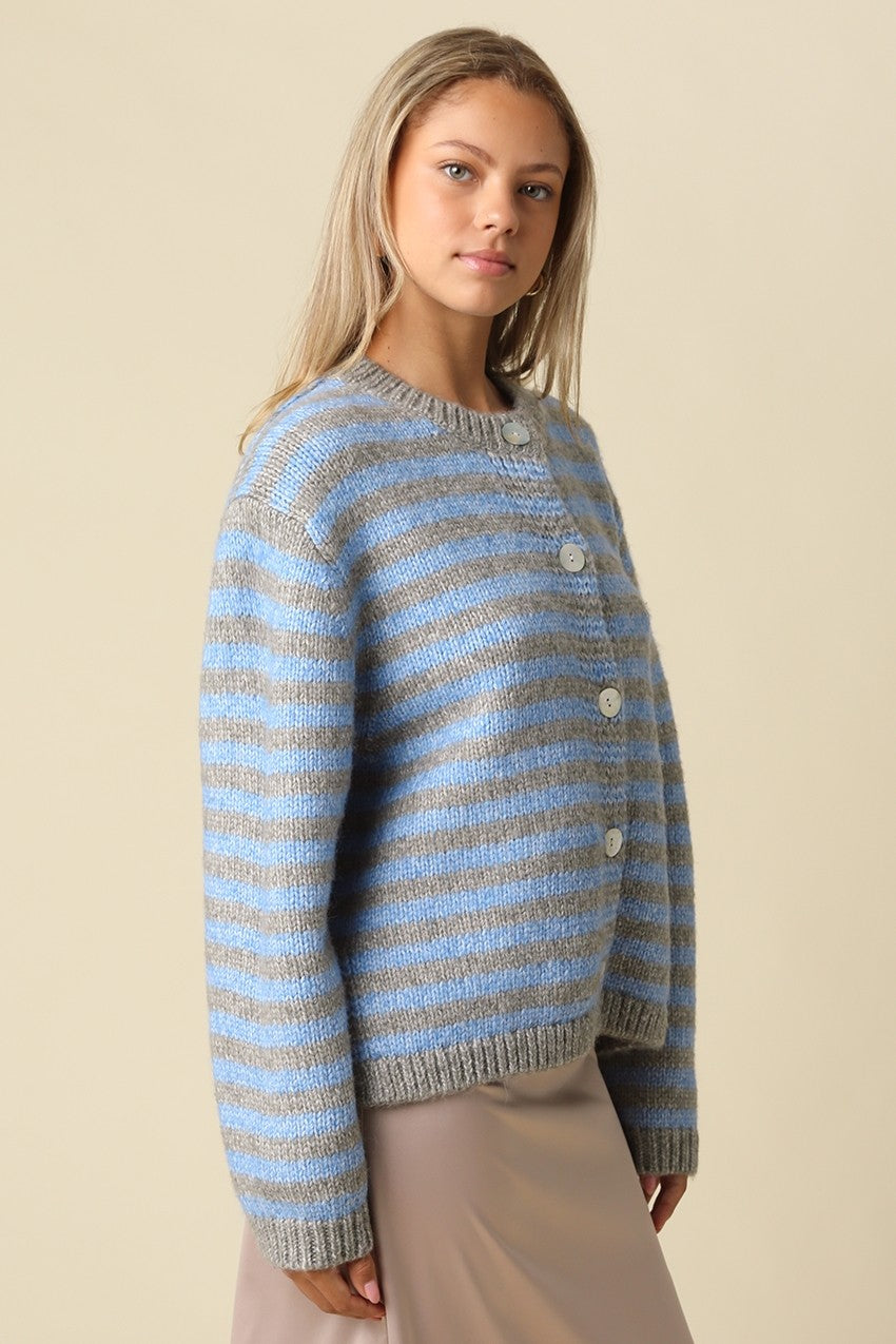 LENA STRIPED CREW NECK KNIT CARDIGAN
