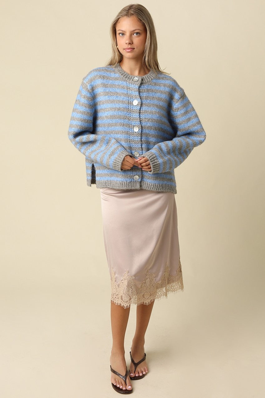 LENA STRIPED CREW NECK KNIT CARDIGAN
