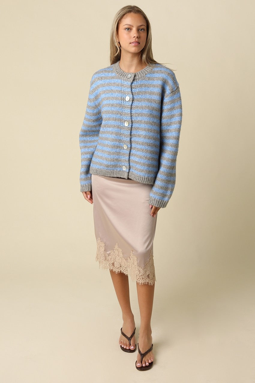 LENA STRIPED CREW NECK KNIT CARDIGAN