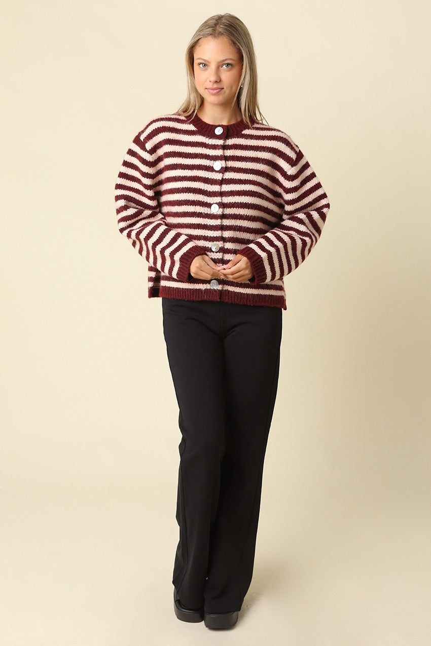 LENA STRIPED CREW NECK KNIT CARDIGAN