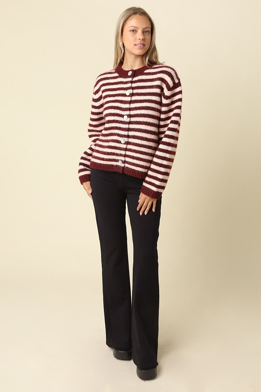 LENA STRIPED CREW NECK KNIT CARDIGAN