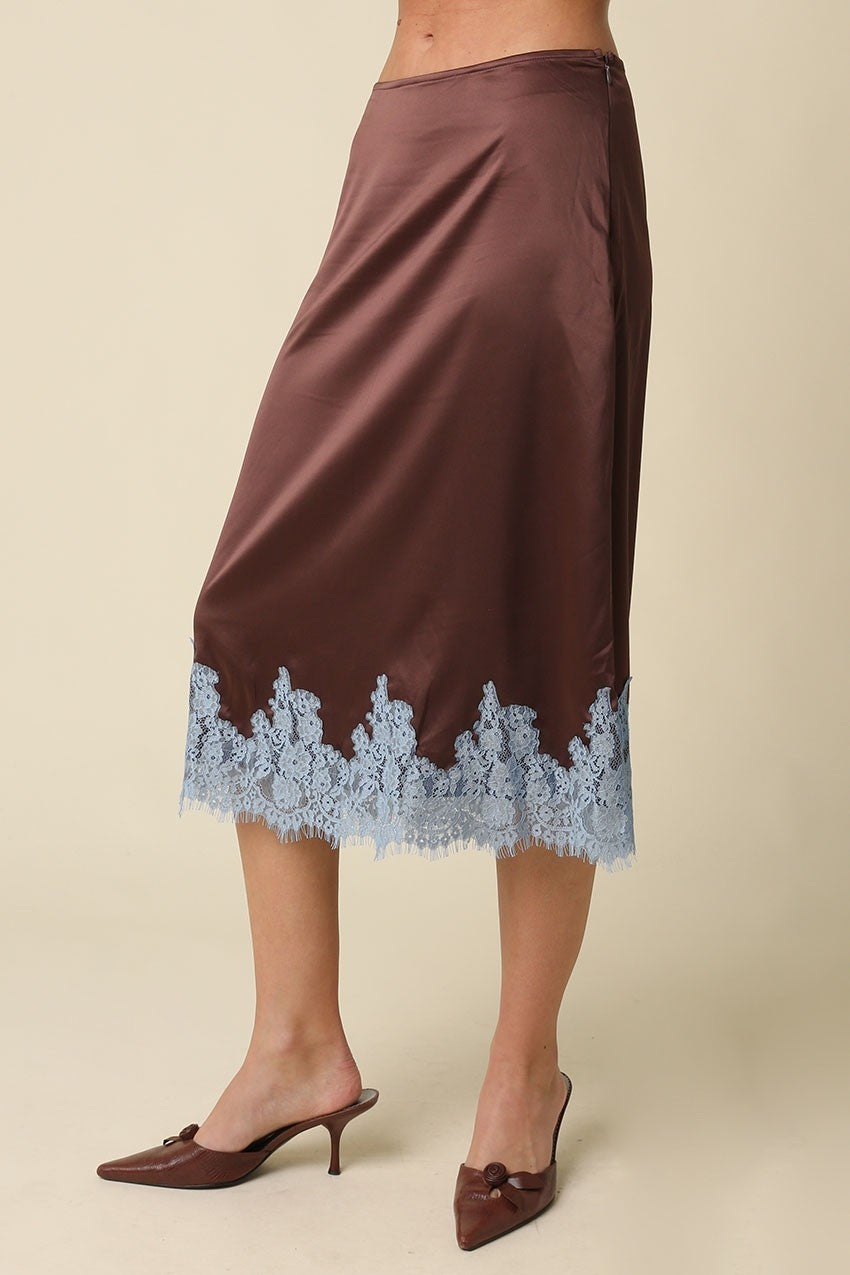 LOIS LACE TRIM SATIN MIDI SKIRT