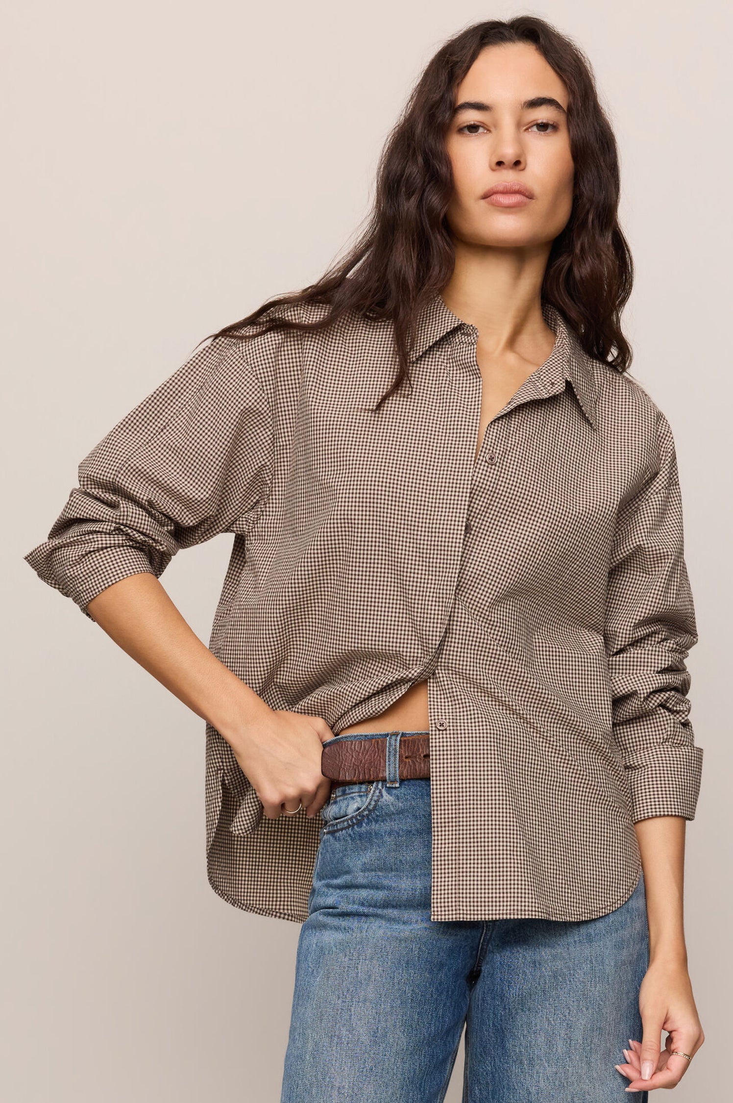 On Duty Gingham Button Up Top