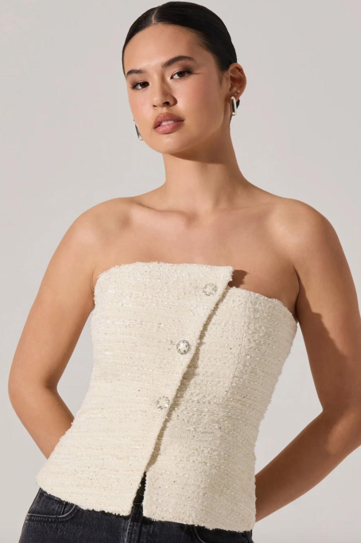 Moina Asymmetrical Strapless Tweed Top