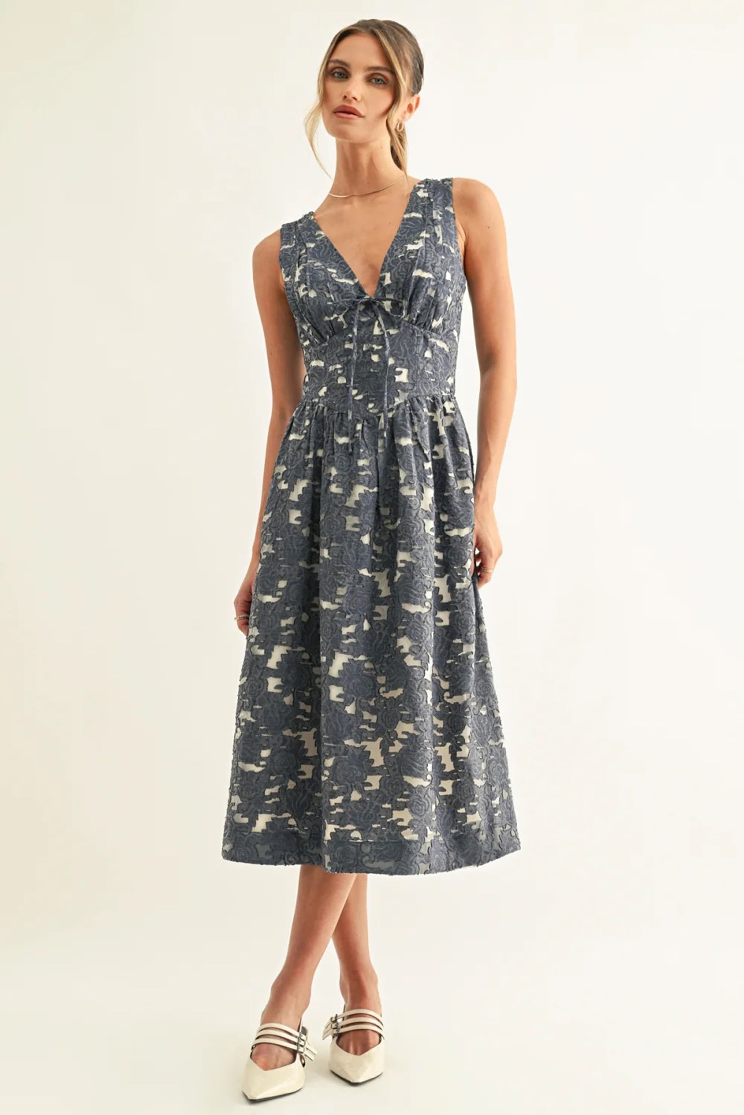 Arleta Jacquard Chambray Sleeveless Corset Midi Dress