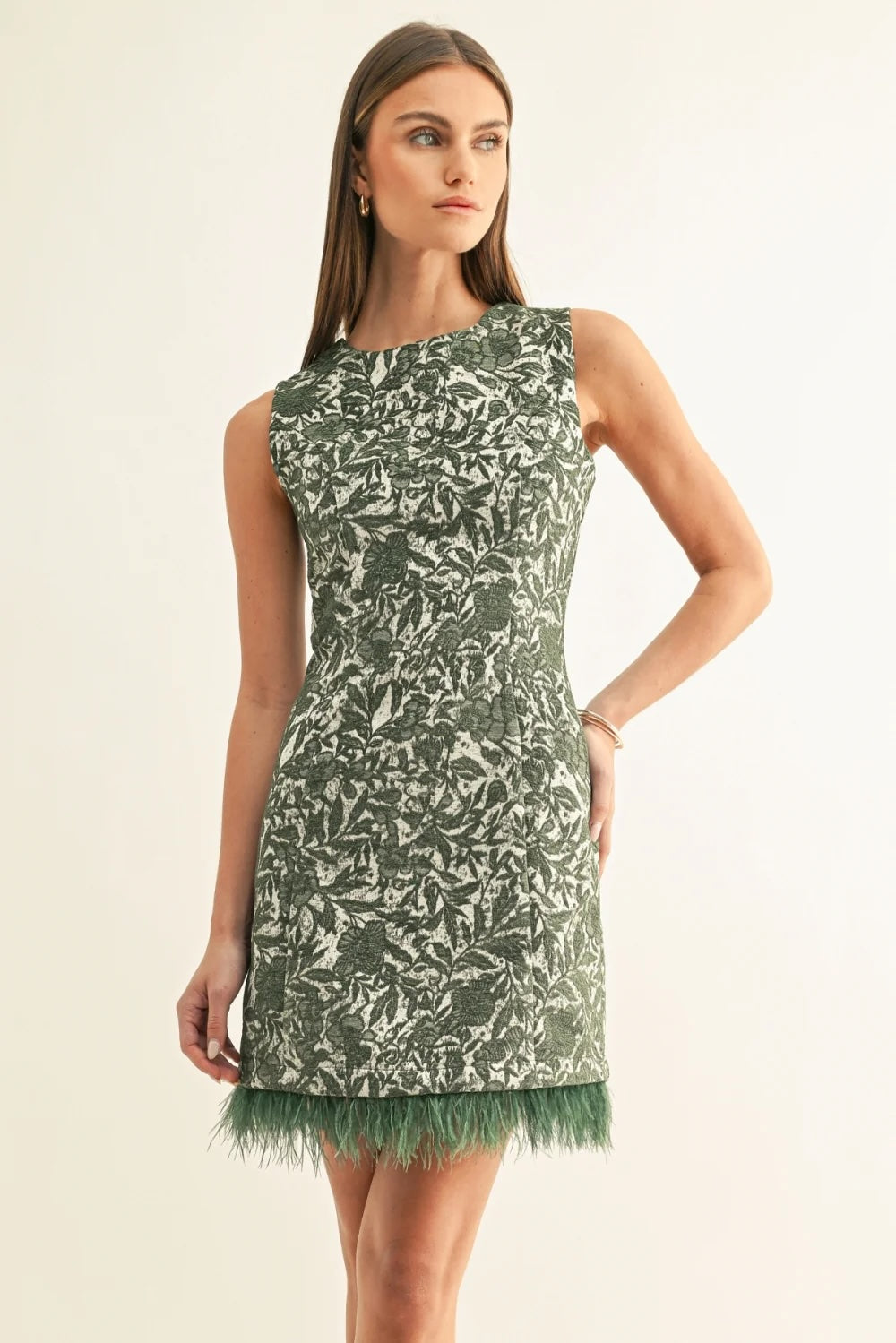 DARIEL FAUX FEATHER HEM SLEEVELESS JACQUARD MINI DRESS
