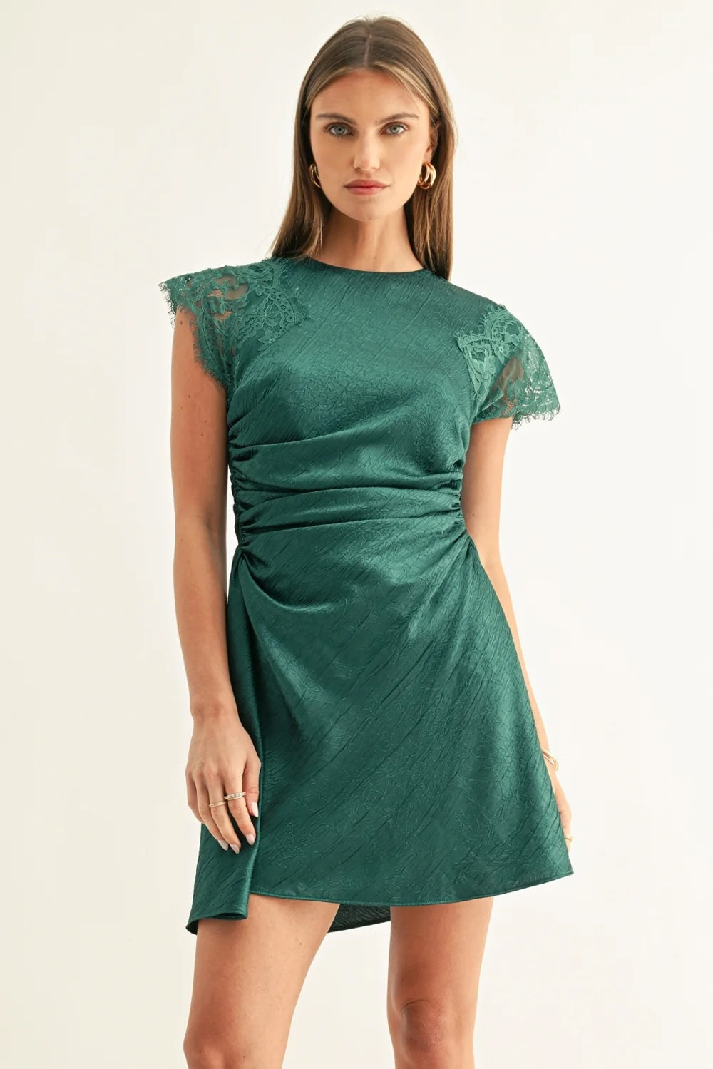 JORDYN ASYMMETRIC HEM RUCHED MINI DRESS