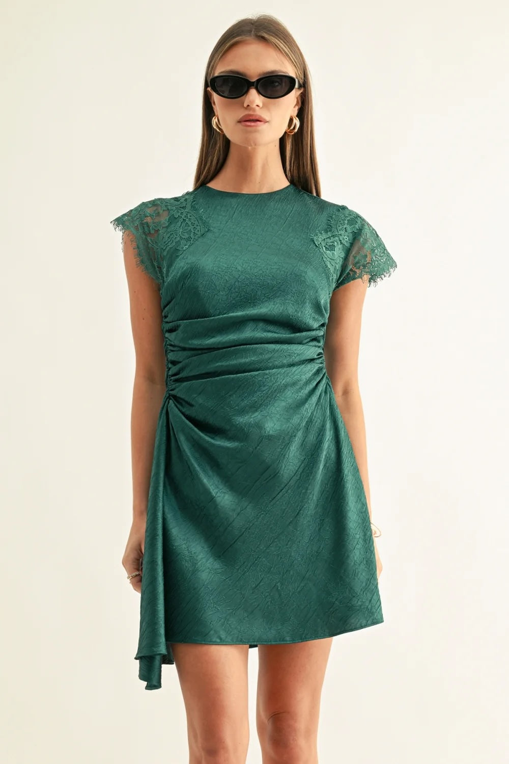 JORDYN ASYMMETRIC HEM RUCHED MINI DRESS