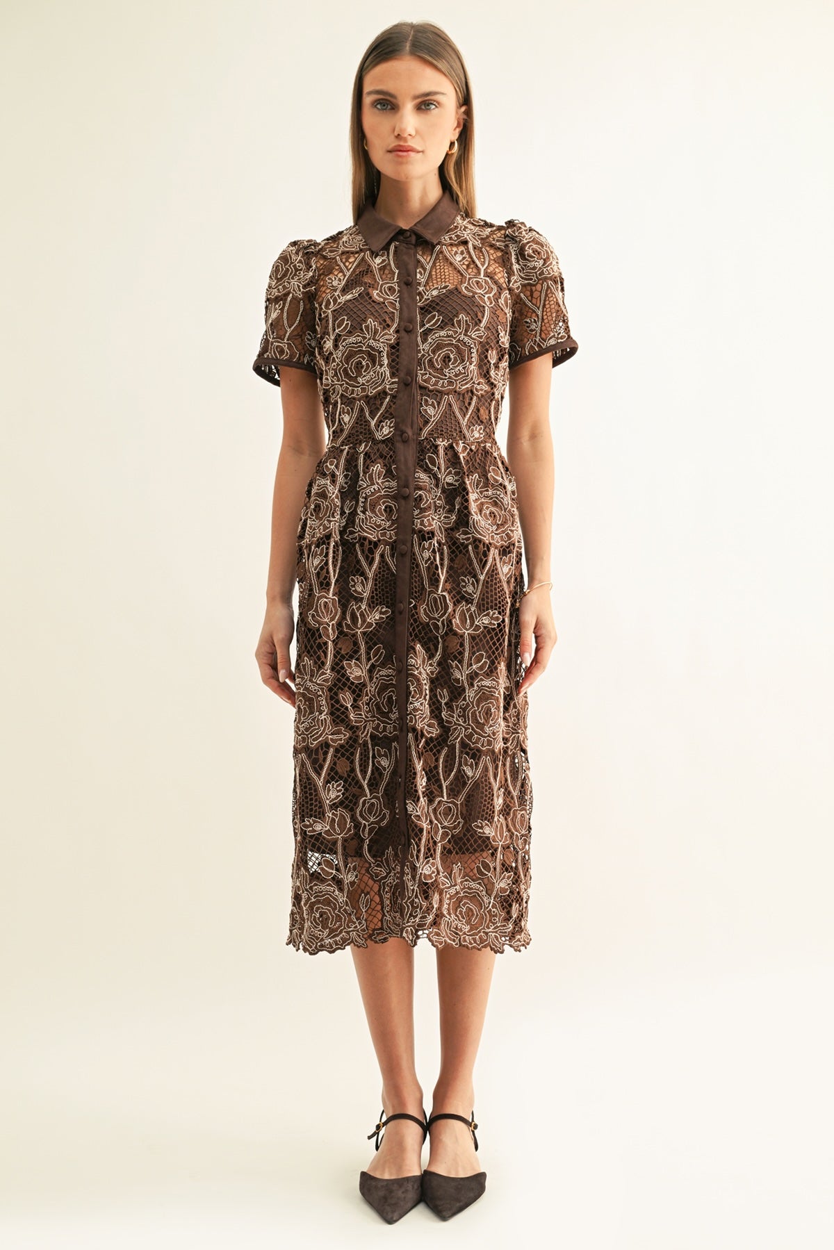 LENNON SHORT SLEEVE LACE SHIRT MIDI DRESS