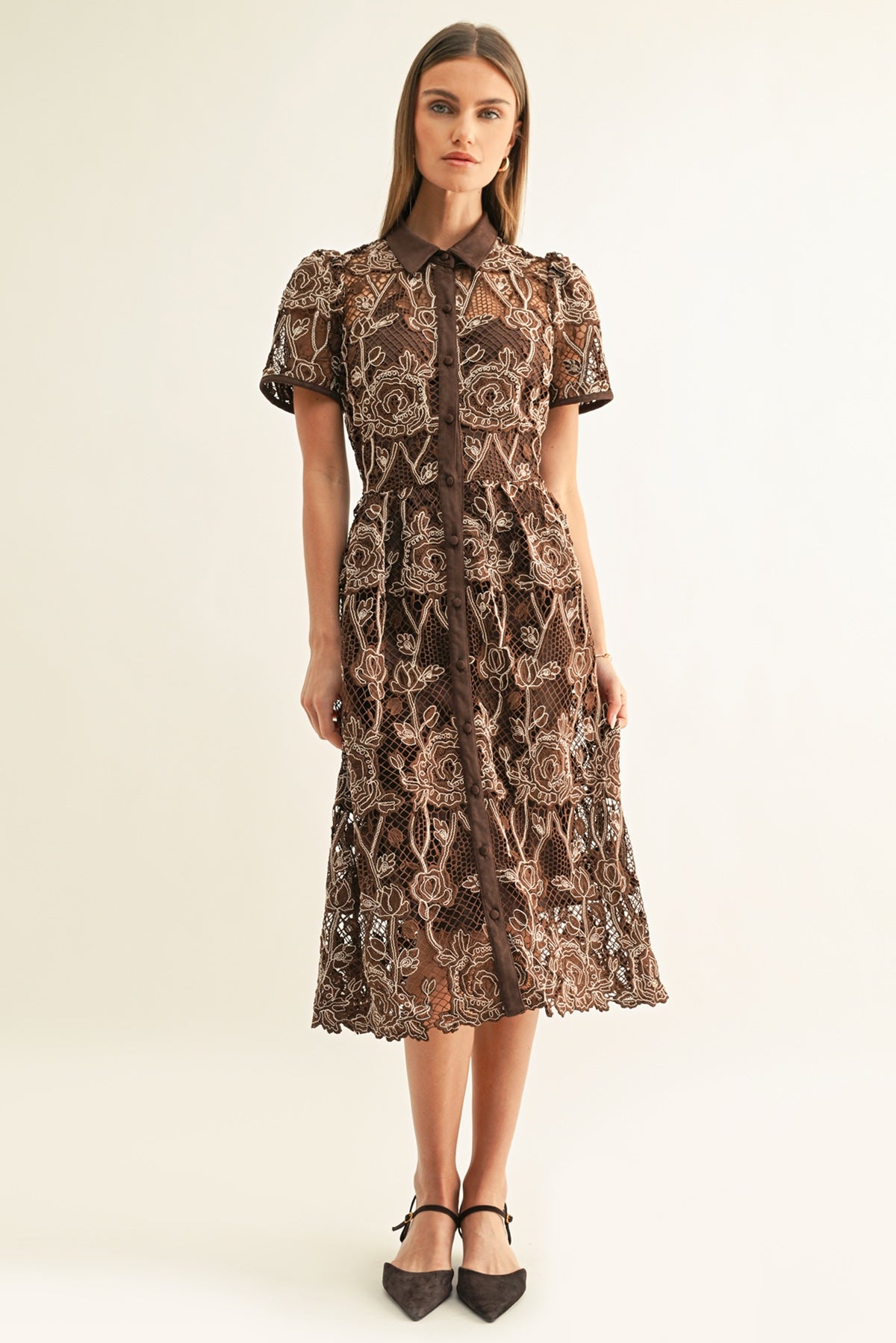 LENNON SHORT SLEEVE LACE SHIRT MIDI DRESS