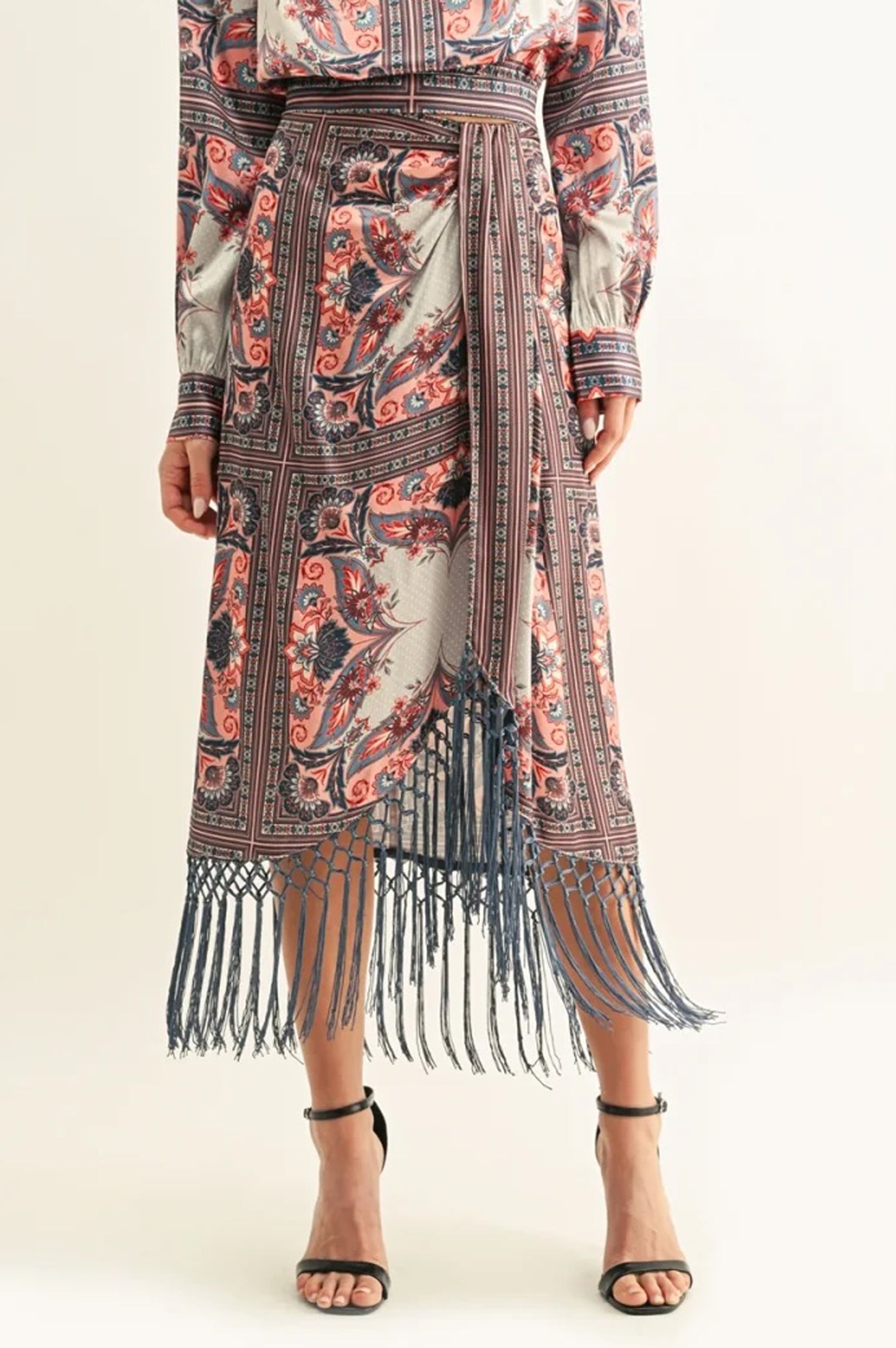 ARIES DRAPED FRINGE HEM MIDI SKIRT