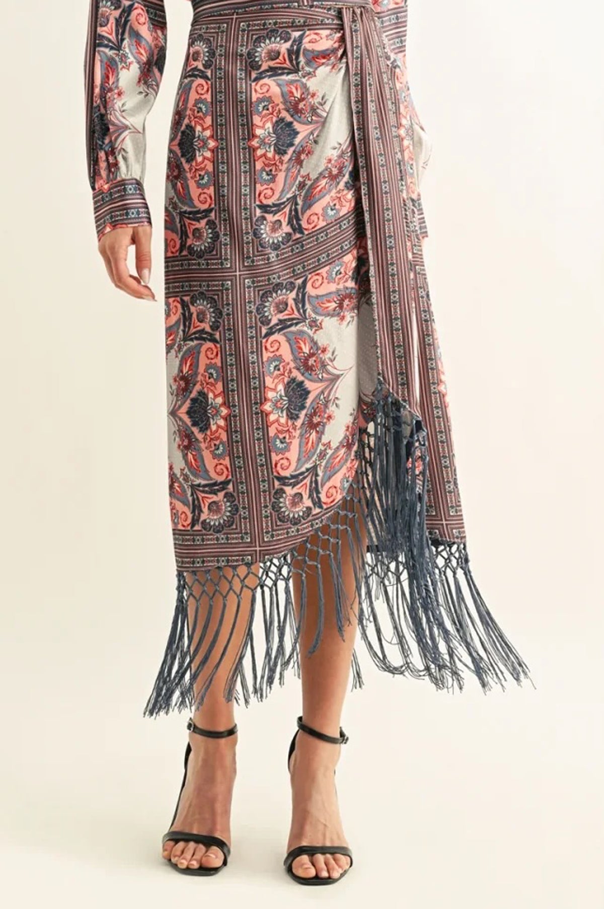 ARIES DRAPED FRINGE HEM MIDI SKIRT