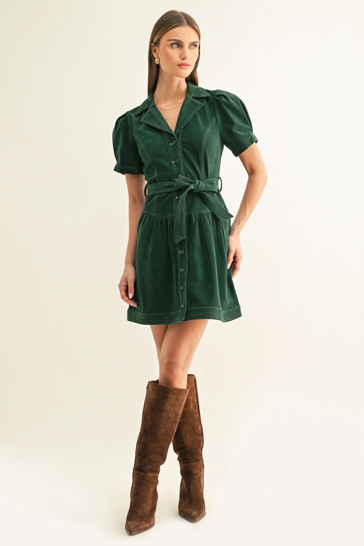 PAIGE VEGAN SUEDE BELTED SHIRT MINI DRESS
