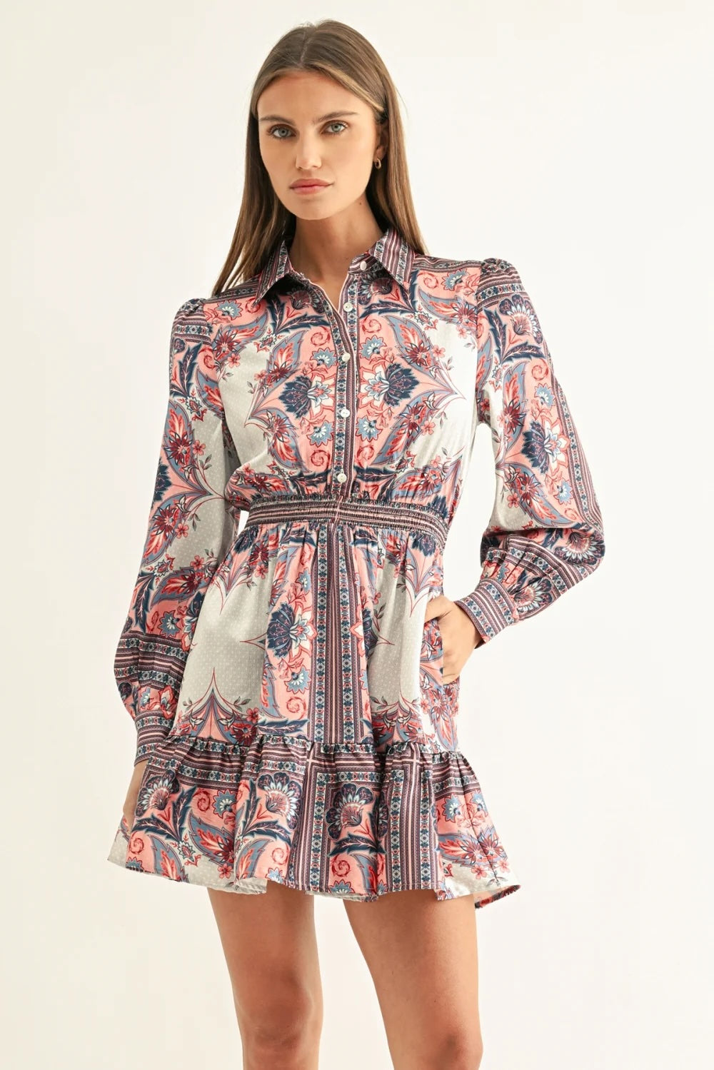 PEYTON LONG SLEEVE SMOCKED SHIRT MINI DRESS