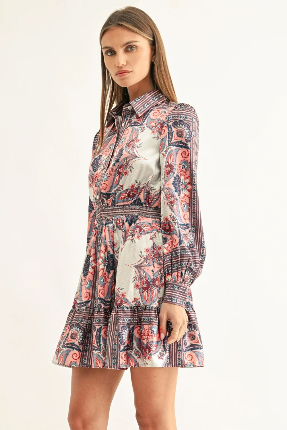 PEYTON LONG SLEEVE SMOCKED SHIRT MINI DRESS