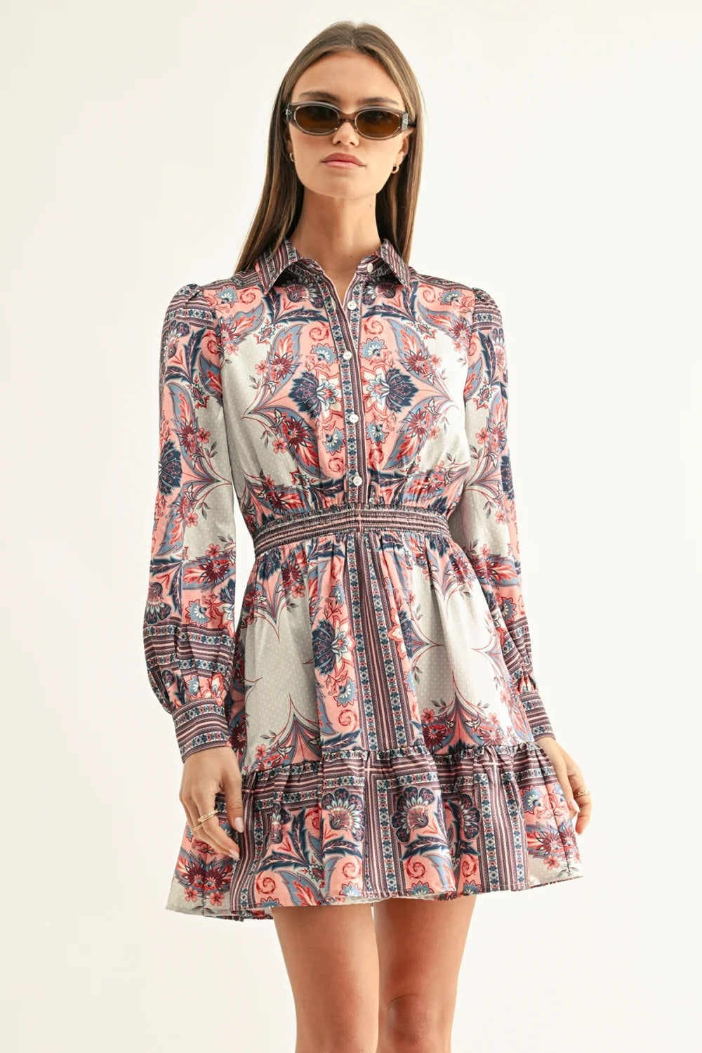 PEYTON LONG SLEEVE SMOCKED SHIRT MINI DRESS