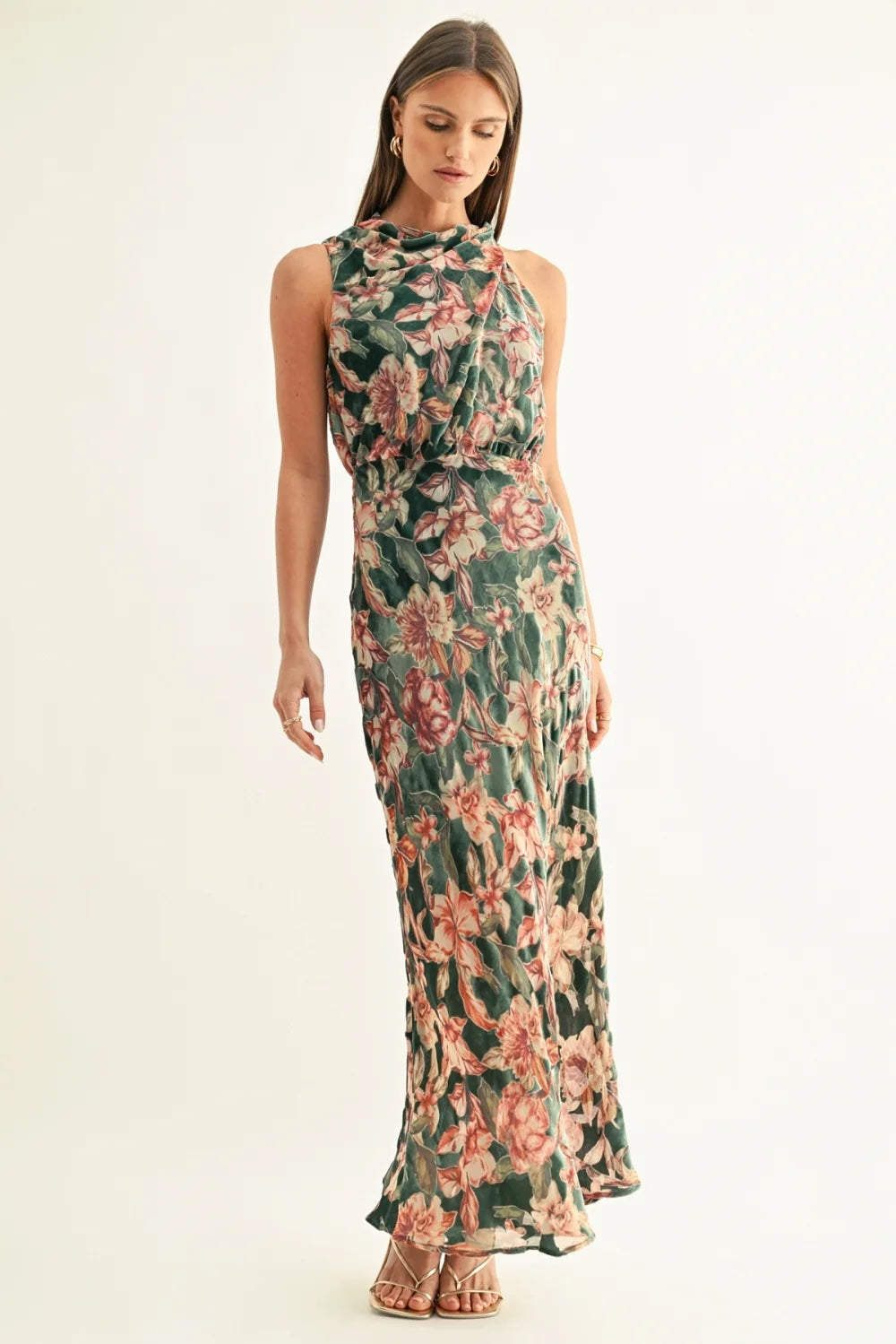 VEDA BURNOUT VELVET DRAPED MAXI DRESS