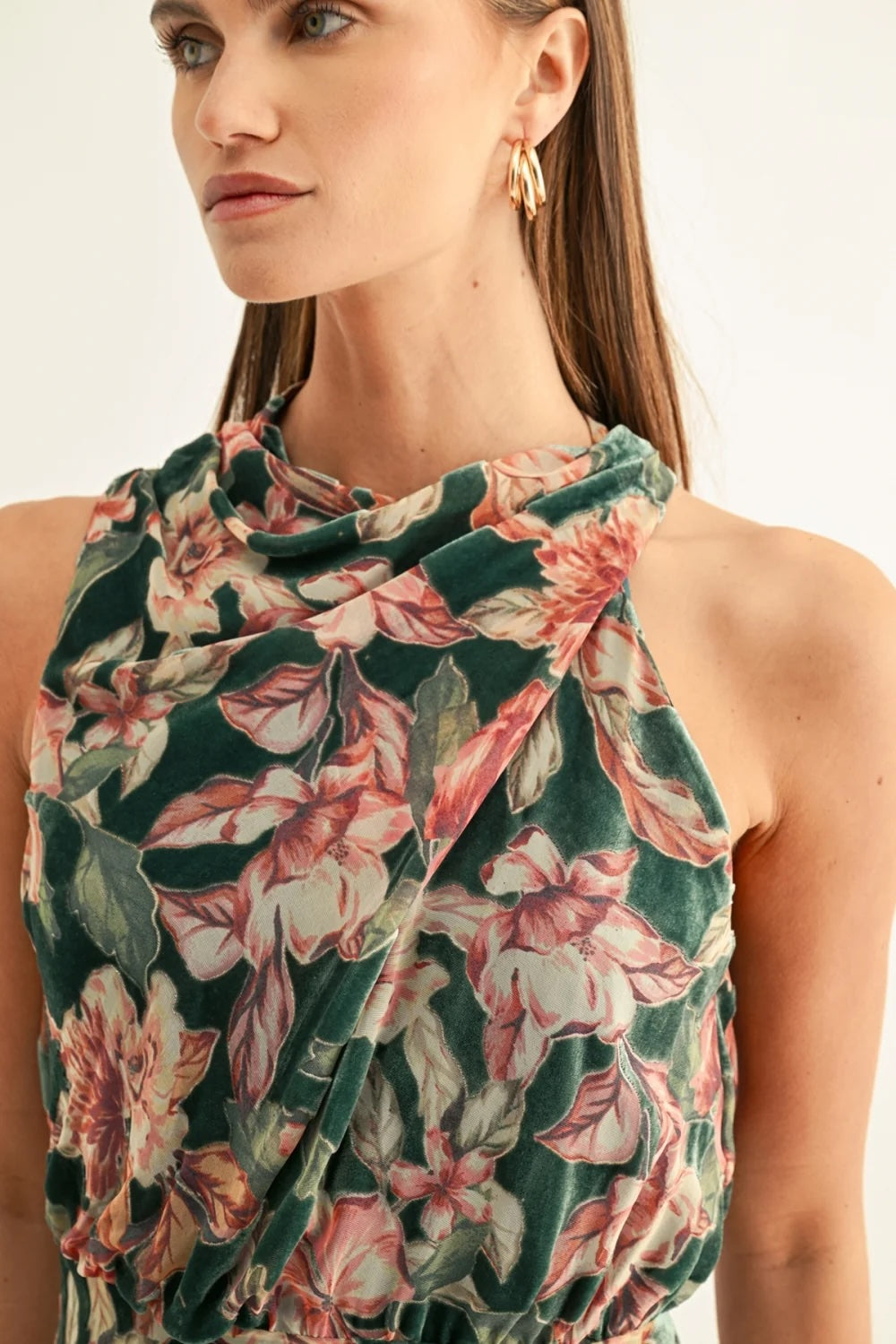 VEDA BURNOUT VELVET DRAPED MAXI DRESS