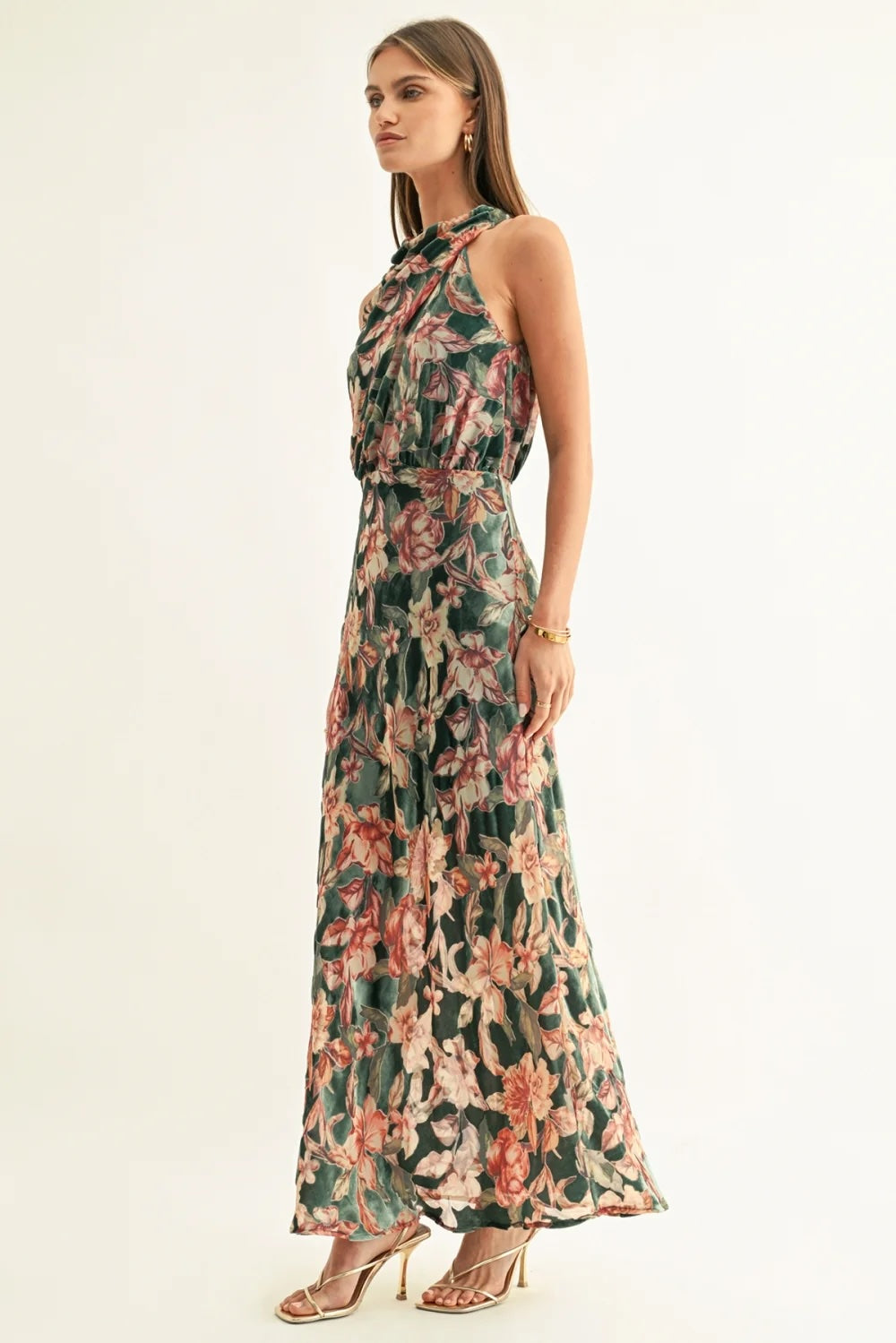 VEDA BURNOUT VELVET DRAPED MAXI DRESS