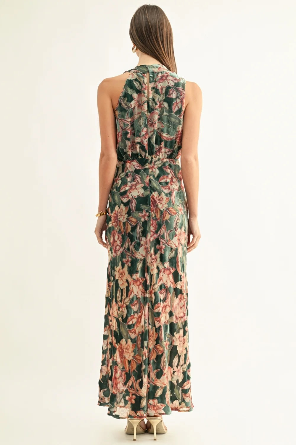 VEDA BURNOUT VELVET DRAPED MAXI DRESS