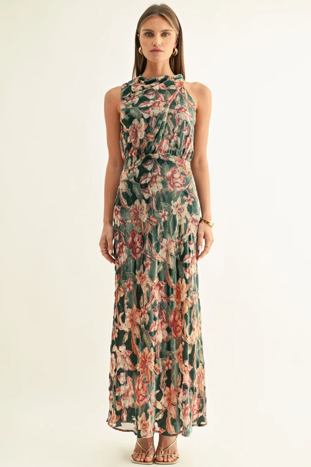 VEDA BURNOUT VELVET DRAPED MAXI DRESS
