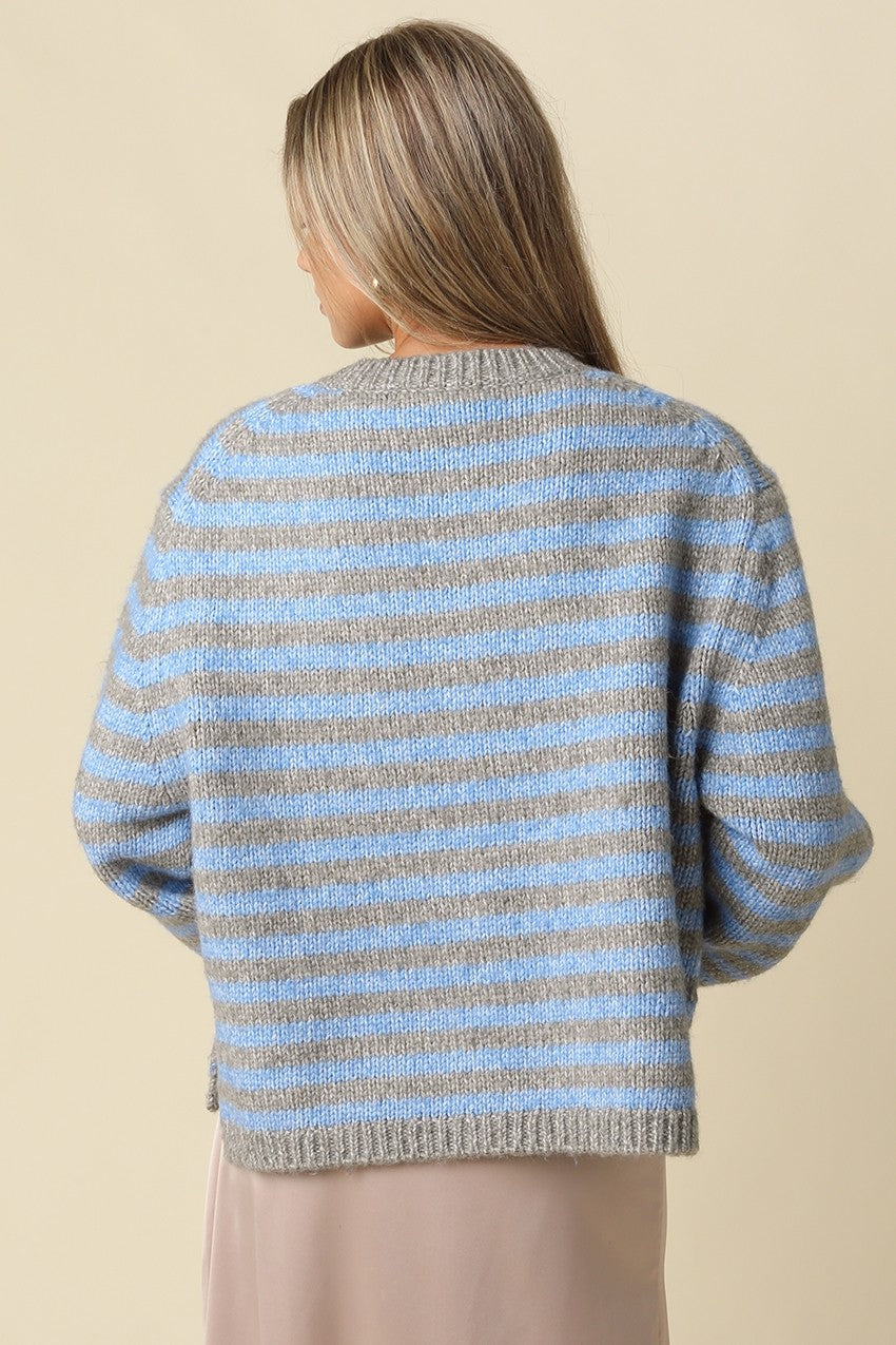 LENA STRIPED CREW NECK KNIT CARDIGAN
