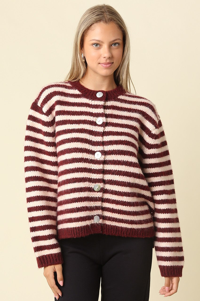 LENA STRIPED CREW NECK KNIT CARDIGAN