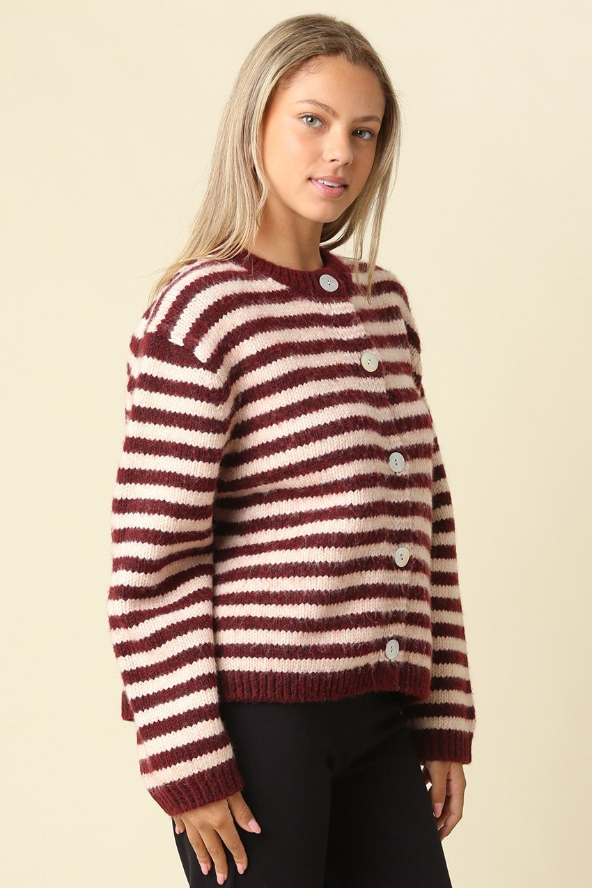 LENA STRIPED CREW NECK KNIT CARDIGAN