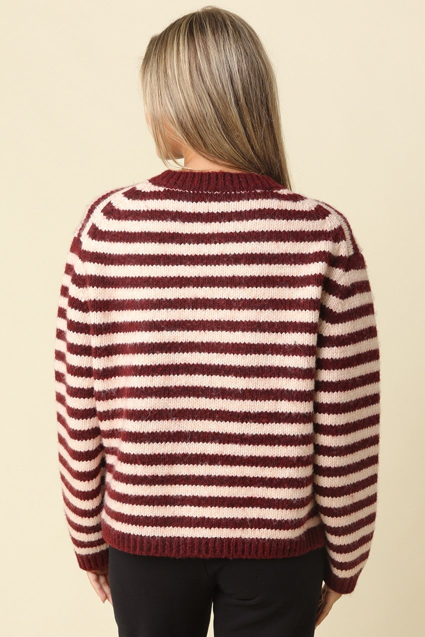 LENA STRIPED CREW NECK KNIT CARDIGAN