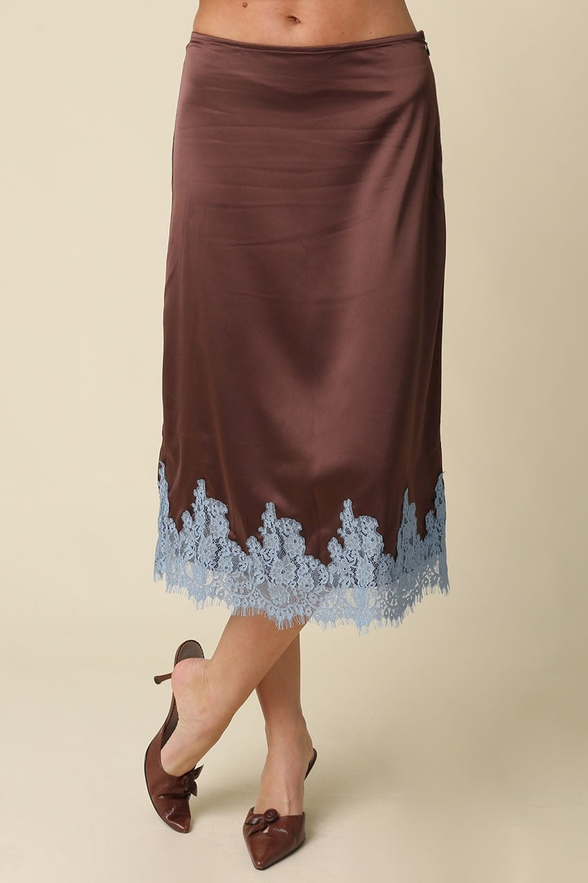 LOIS LACE TRIM SATIN MIDI SKIRT