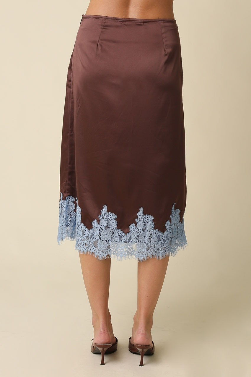 LOIS LACE TRIM SATIN MIDI SKIRT